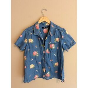 Vintage Floral Denim Shirt Short Sleeve Blue Large